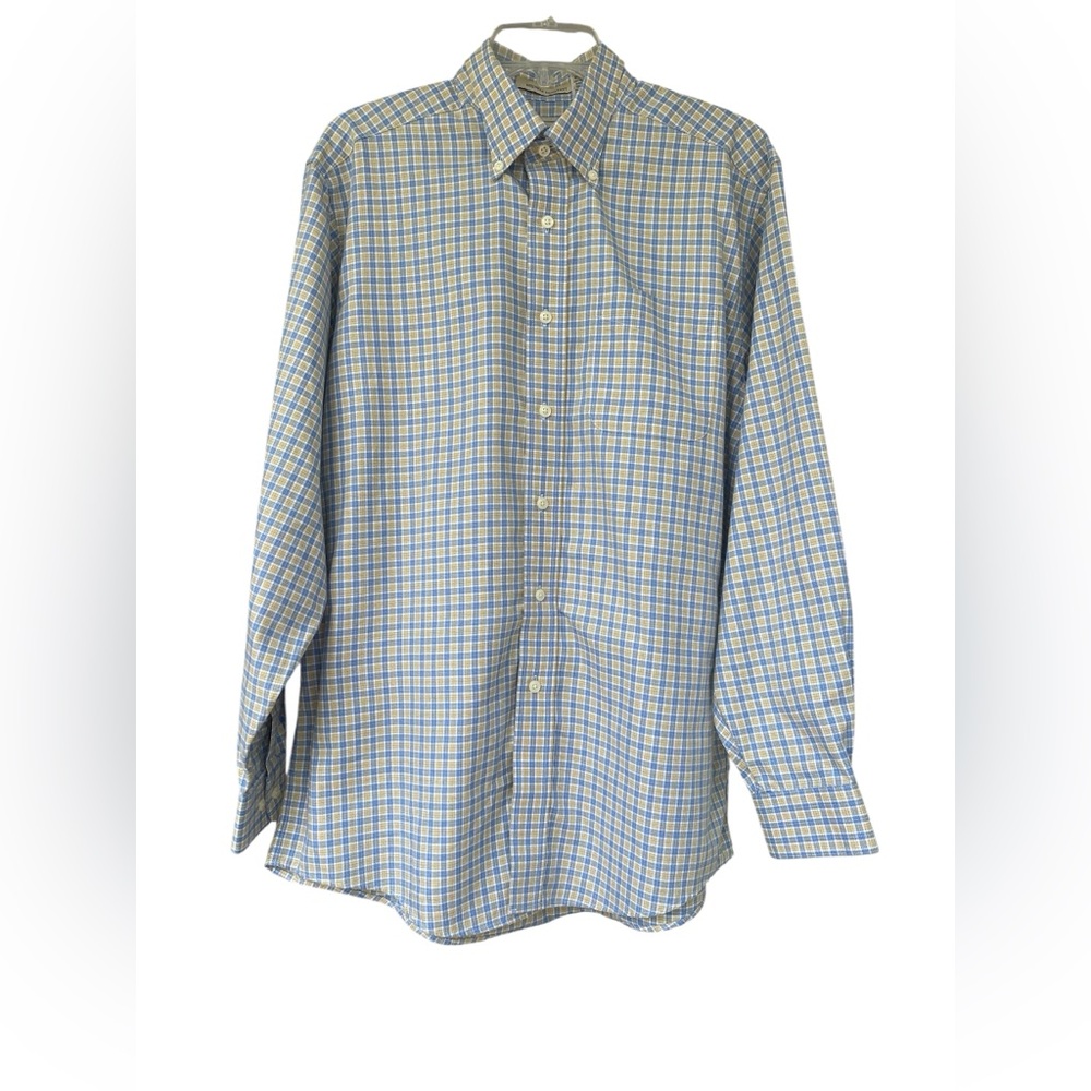 LL BEAN Men’s Size Medium Blue and Yellow Checkered button down Shirt LS
